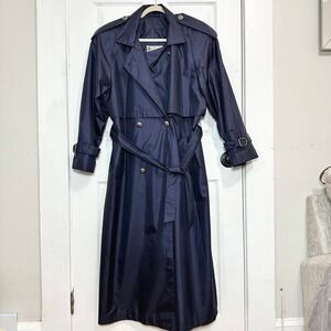 VTG J Gallery Women's Navy Blue Double Breasted Trench Coat Belted Size 9/10